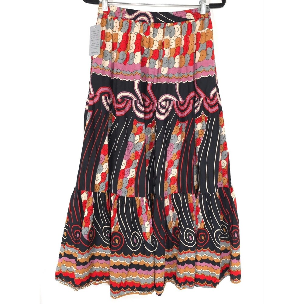 MILLE Paola Women’s New SMALL Maxi Skirt Elastic W Abstract Print Tiered Cotton